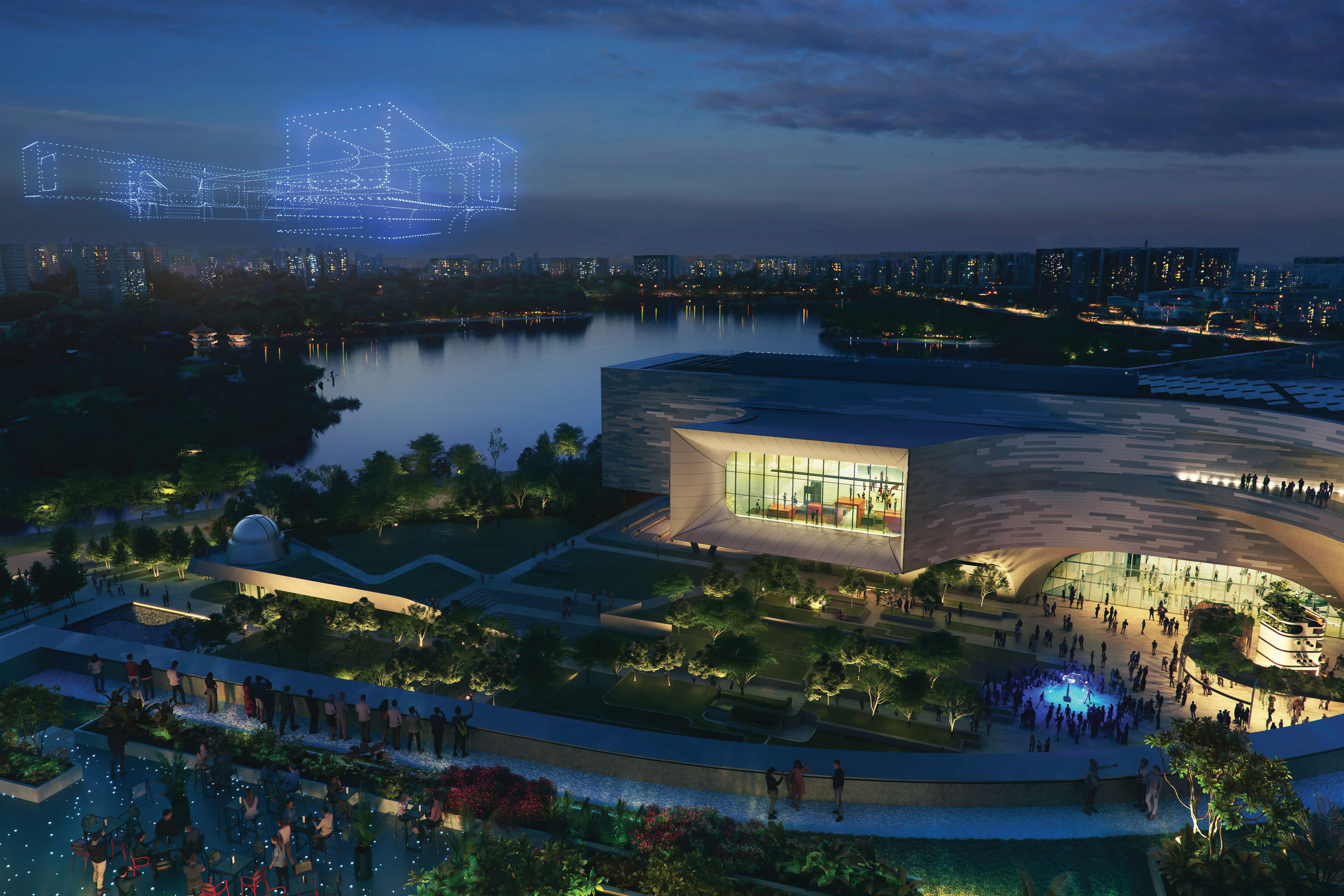 Rendering of an aerial night view of New Science Centre